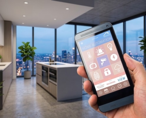 Smartphone contrôlant une maison connectée dans une cuisine moderne